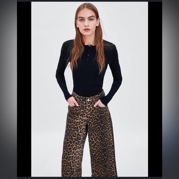ZARA Leopard Cheetah Animal Print Wide Leg High Waisted Trouser Pants Size 2 - Picture 2 of 10